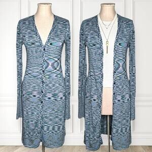 Vintage BCBGMAXAZRIA Y2K Cardigan Sweater Dress Button Up Sheath Teal Abstract